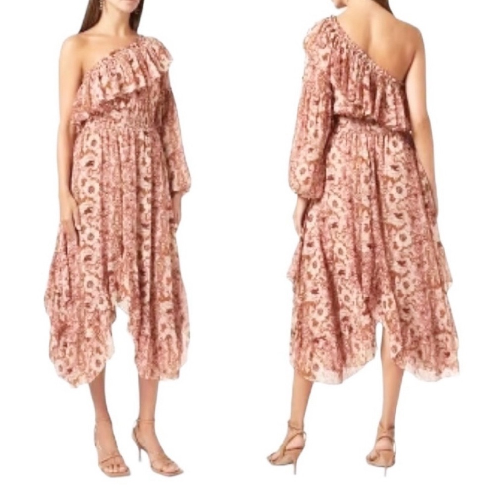 MISA Vola Floral One Shoulder Midi Dress San Lorenzo Flora Pink Size S N…